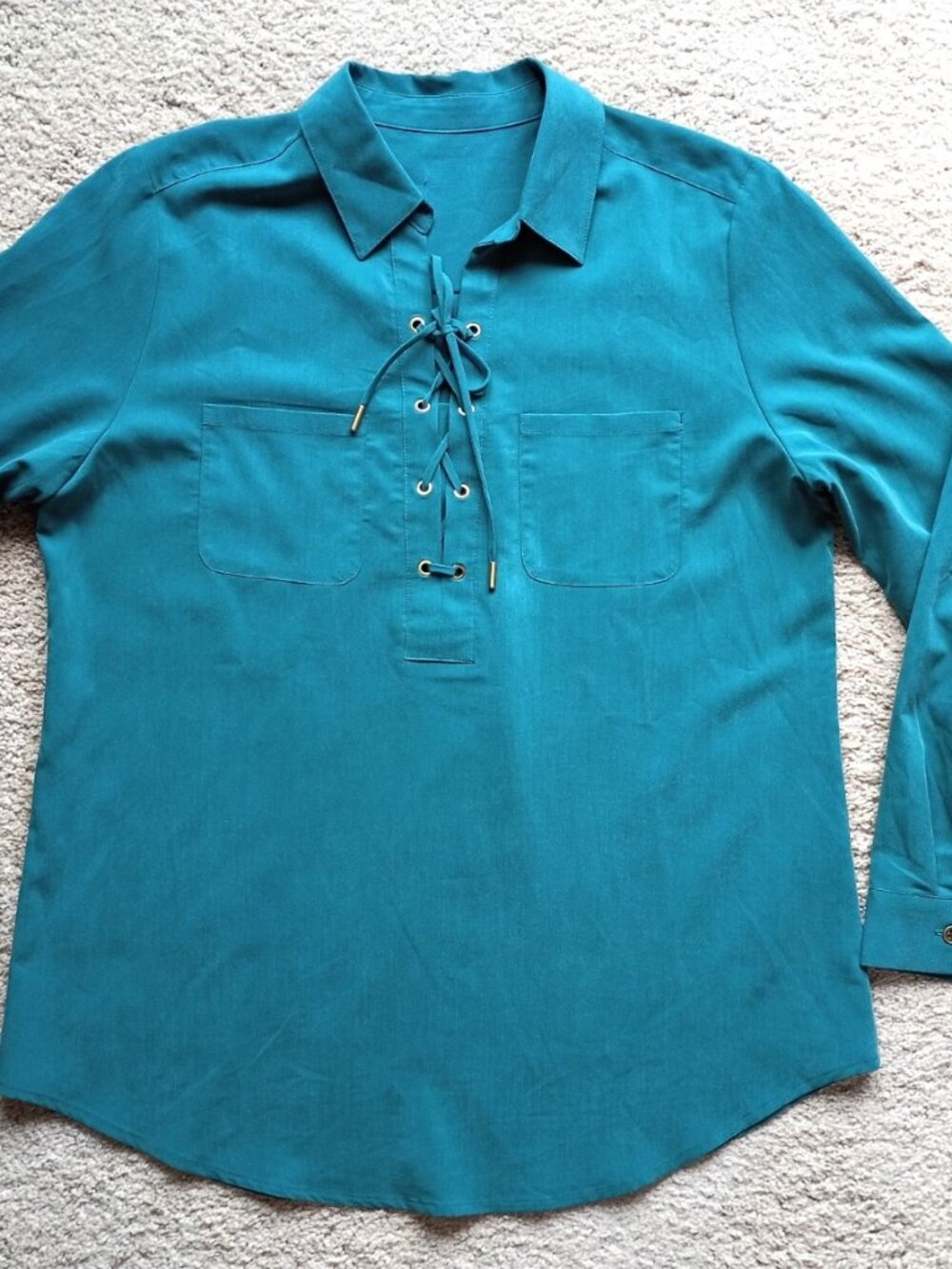 CHICO’S Women’s Lace Up Tie Front Top Size L Blouse Tunic Teal Modal Collar NWOT